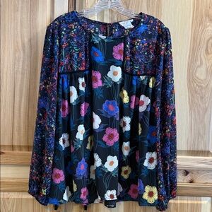 For The Republic Long Sleeve Black and Vibrant Floral Flowy Patchwork Top Sz 1X